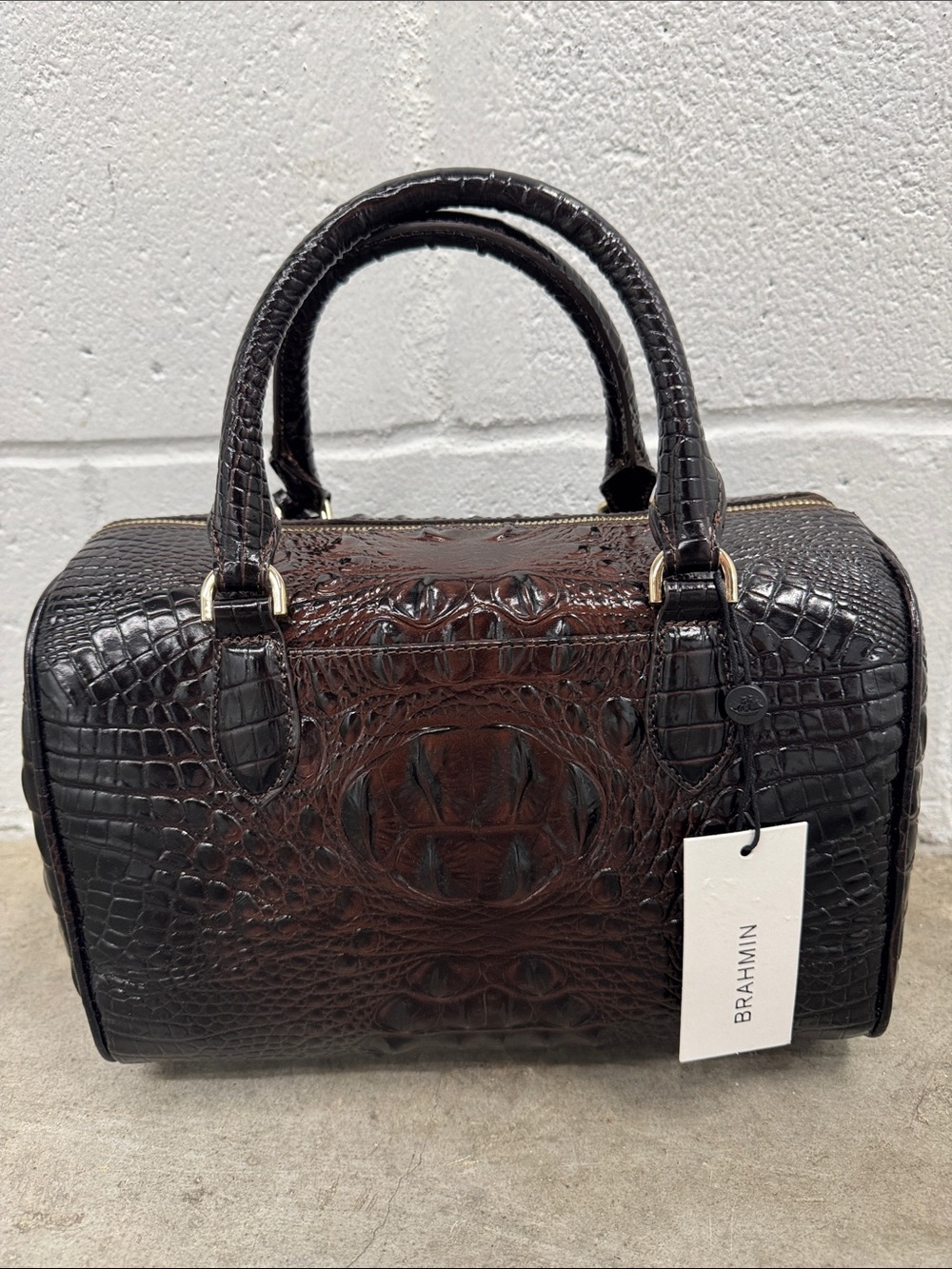 Brahmin “Stacy Cocoa Ombre Dark Brown Croc-Embossed Leather Satchel